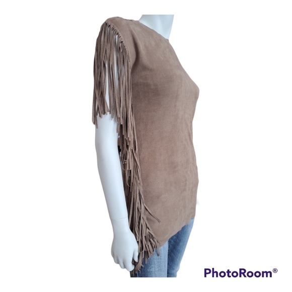 Weeve Paris short sleeve faux suede leather sweater with fringe size S/M top - Picture 7 of 15